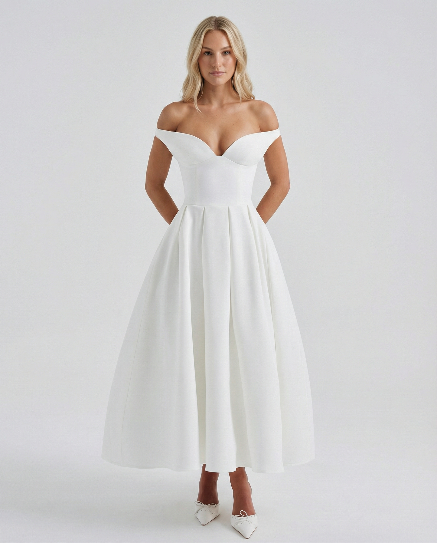 Madeline | Plunge Bardot Neckline Midi Dress