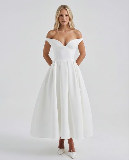 Madeline | Plunge Bardot Neckline Midi Dress