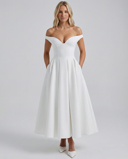 Madeline | Plunge Bardot Neckline Midi Dress