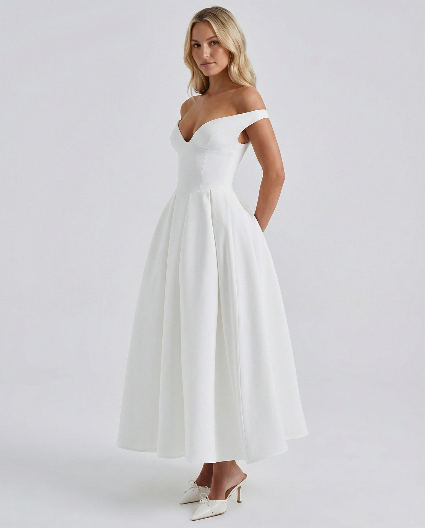 Madeline | Plunge Bardot Neckline Midi Dress