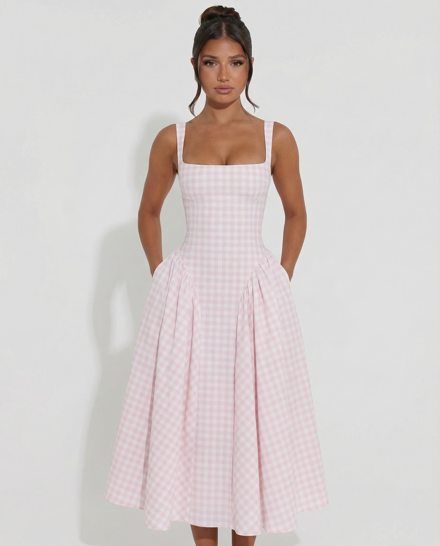 Francesca | Midi Dress with Gingham Corset and Square Neck