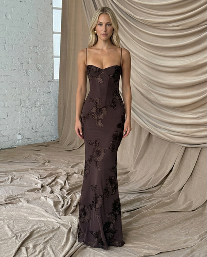 Angela | Maxi Dress with Floral Appliqué and Lace-Up Back
