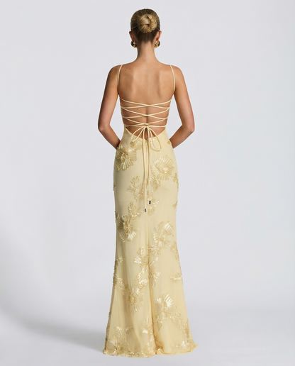 Angela | Maxi Dress with Floral Appliqué and Lace-Up Back