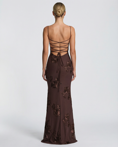 Angela | Maxi Dress with Floral Appliqué and Lace-Up Back