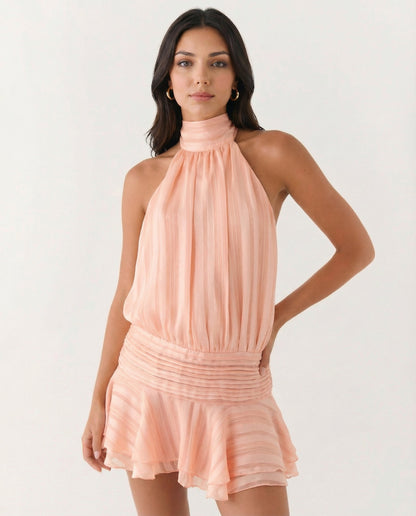 Deborah | Halter Neck Pleated Playsuit with Ruffle Overlay