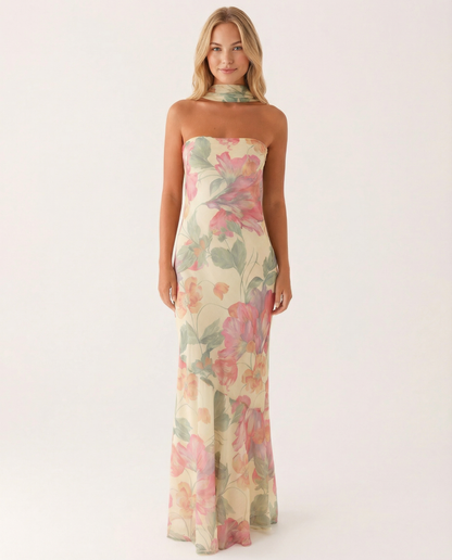 Shelia | Floral Chiffon Maxi Dress with Matching Scarf