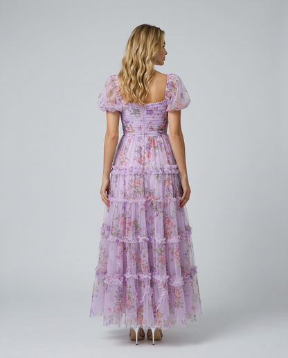 Dana | Maxi Dress with Floral Tulle and Puff Sleeves