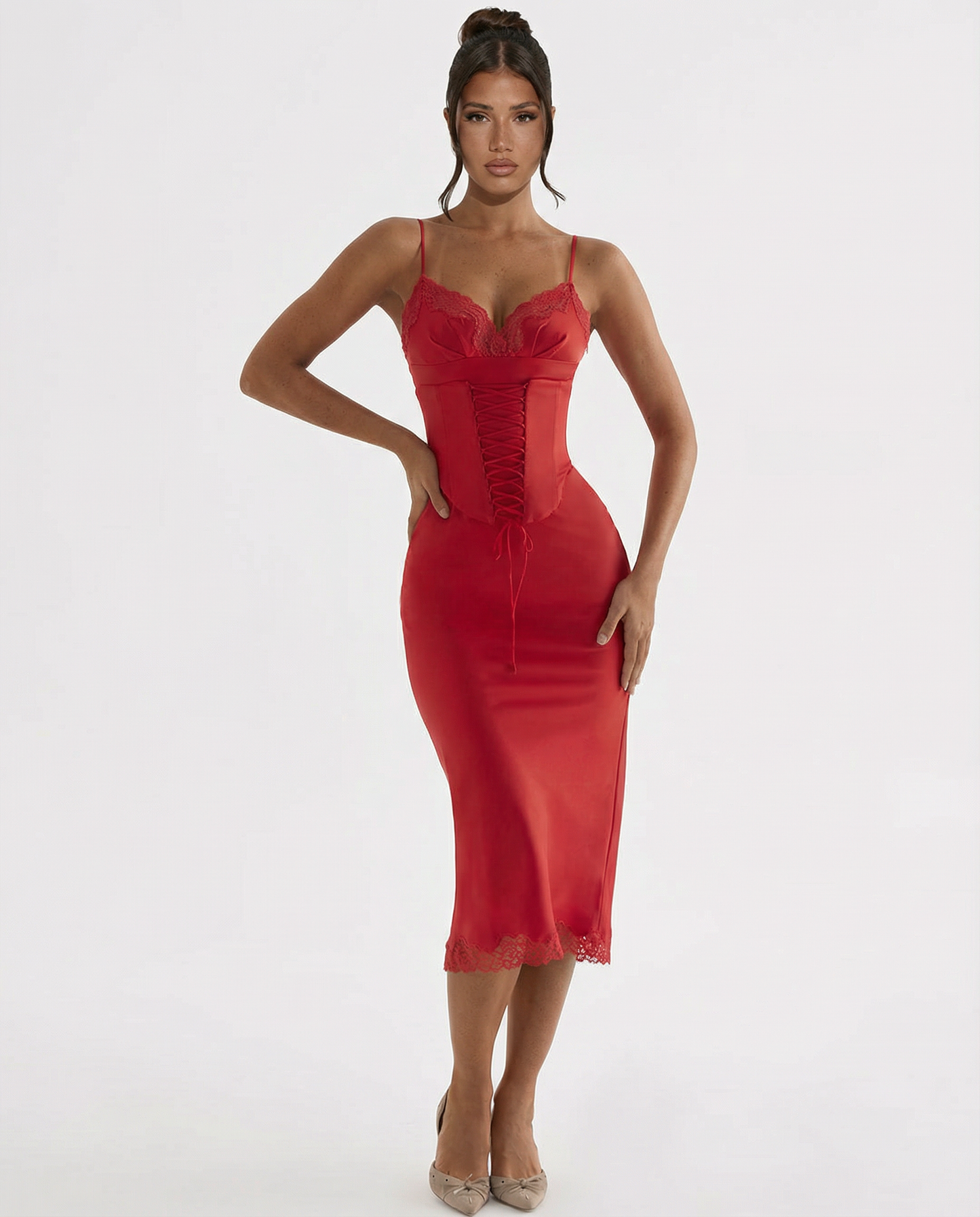 Delia | Satin Slip Midi Dress with Lace Trim