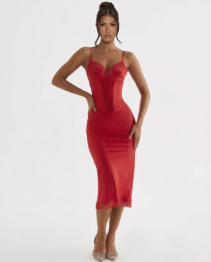 Delia | Satin Slip Midi Dress with Lace Trim