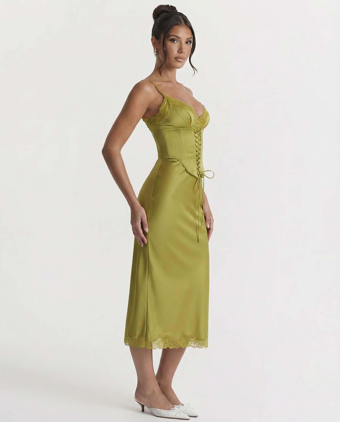 Delia | Satin Slip Midi Dress with Lace Trim