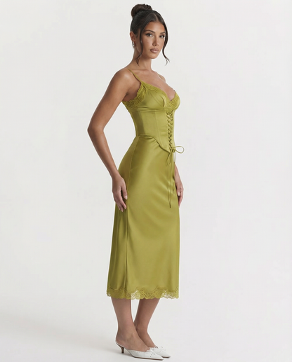 Delia | Satin Slip Midi Dress with Lace Trim