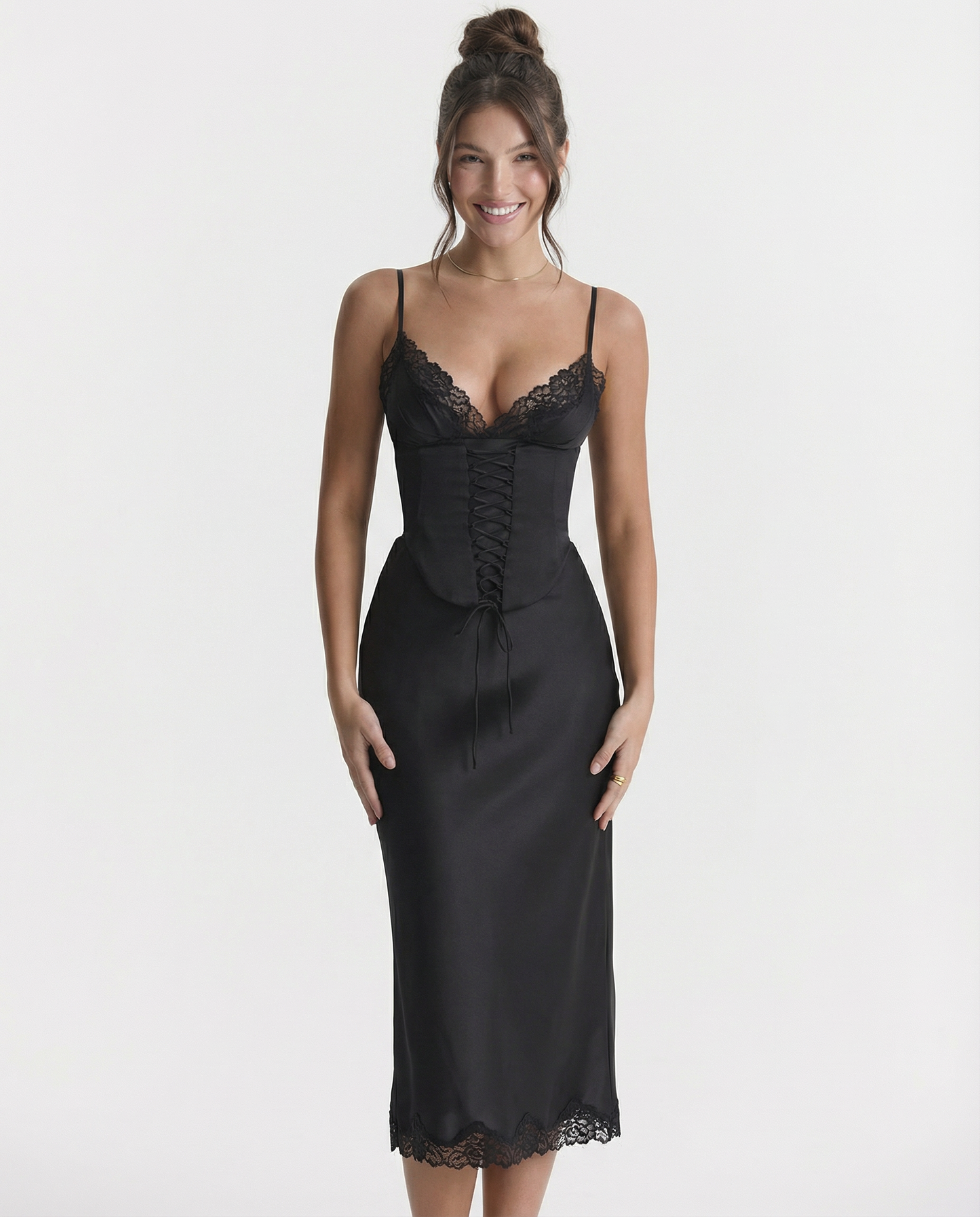 Delia | Satin Slip Midi Dress with Lace Trim