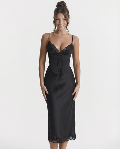 Delia | Satin Slip Midi Dress with Lace Trim