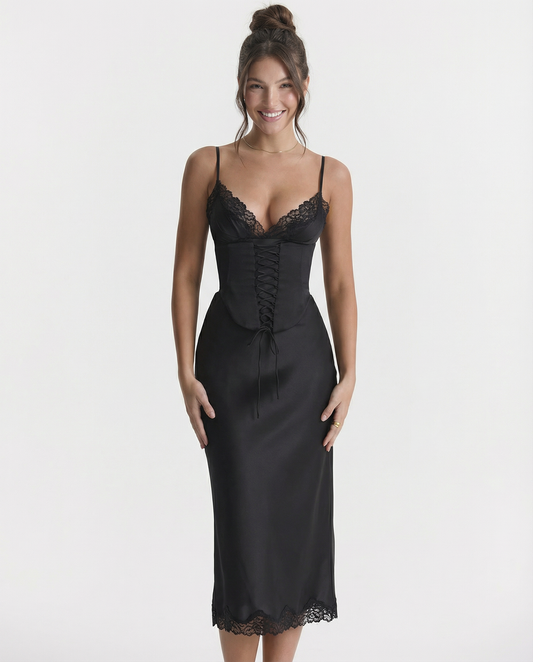 Delia | Satin Slip Midi Dress with Lace Trim