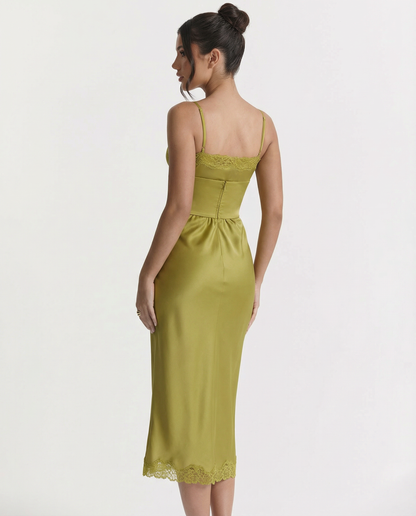 Delia | Satin Slip Midi Dress with Lace Trim