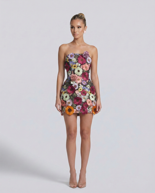 Julia | Strapless Mini Dress with 3D Floral Embroidery