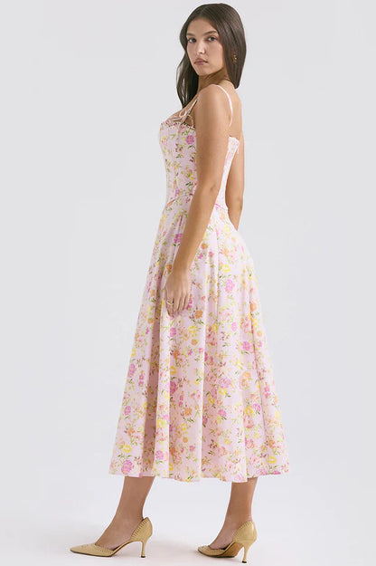 Nellie | Midi Dress with Floral Print and Corset Bodice