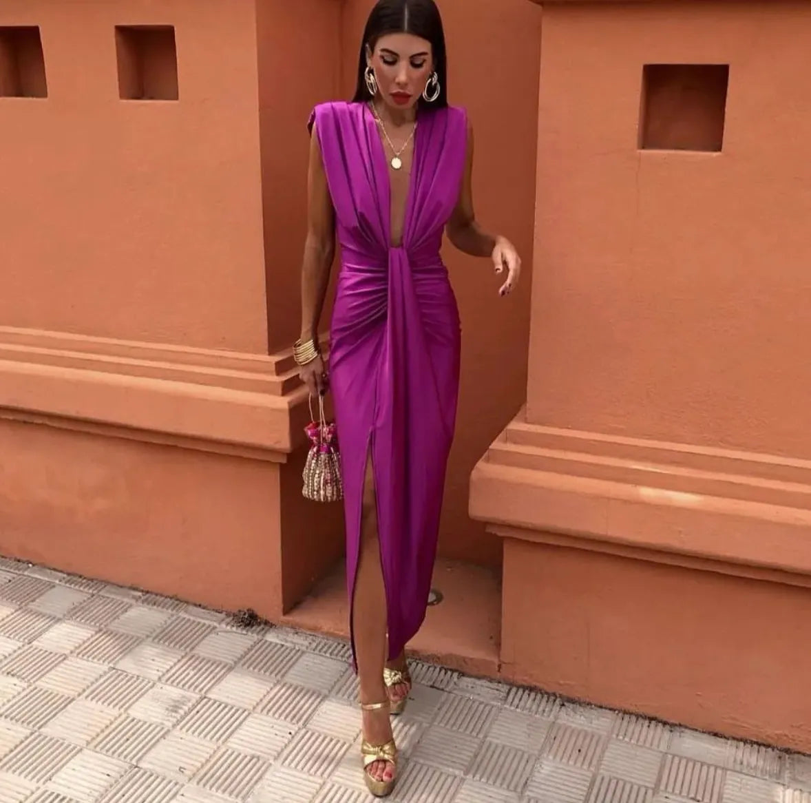 Robe longue femme élégante drapée col V sans manches fente soirée chic