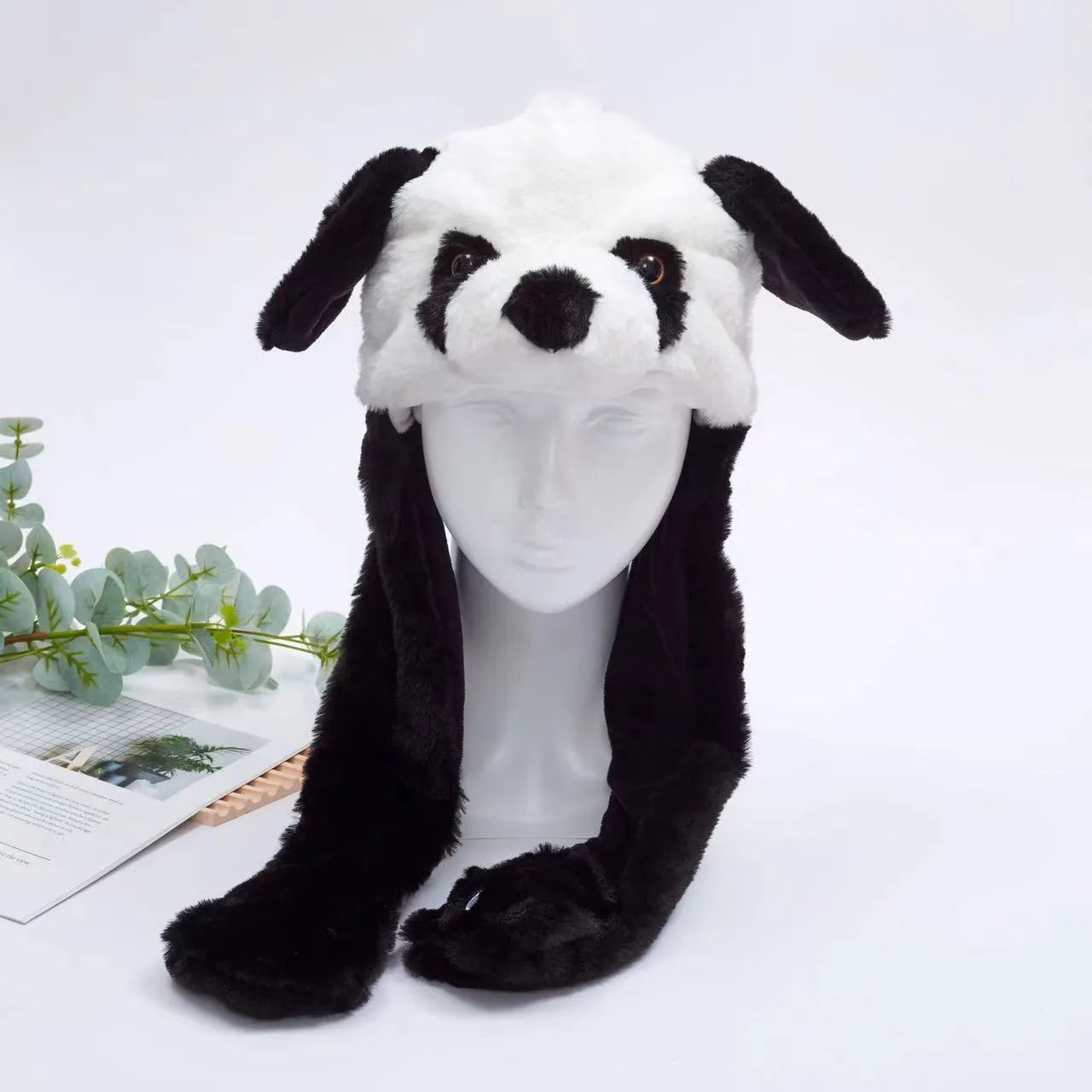 Panda-Mütze aus Plüsch, schwarz-weiß, mit Ohren und Schal, für Kinder und Erwachsene.