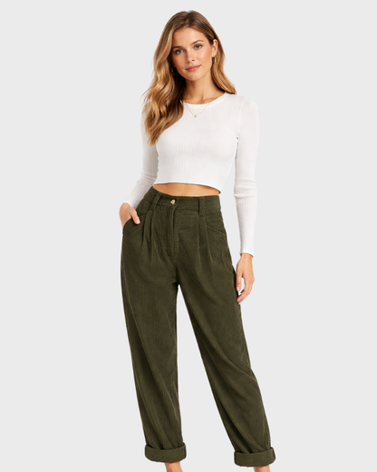 Olive Pantalon Femme – Taille Haute, Jambe Large & Coupe Fluide Élégante