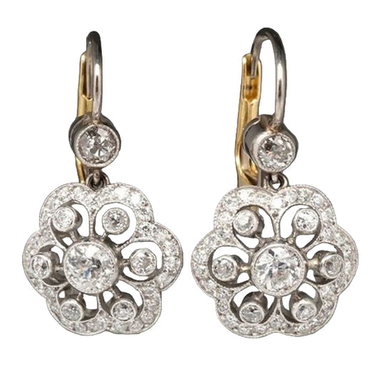 Floral Crystal Drop Earrings with Gold-Tone and Silver-Tone Design
