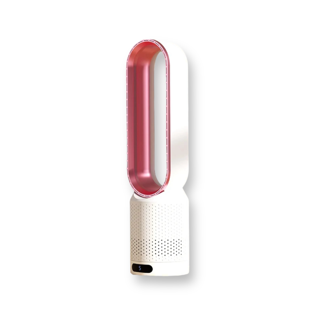 Ventilateur sans pales blanc et rose, design moderne, technologie avancée, purificateur d'air intégré, idéal pour maison ou bureau.