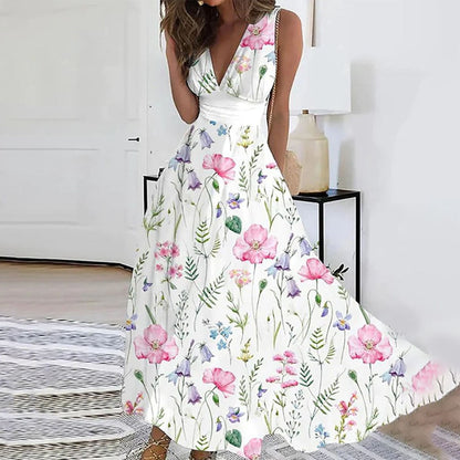 Women's Sleeveless V Neck Floral Print Dress | Midi