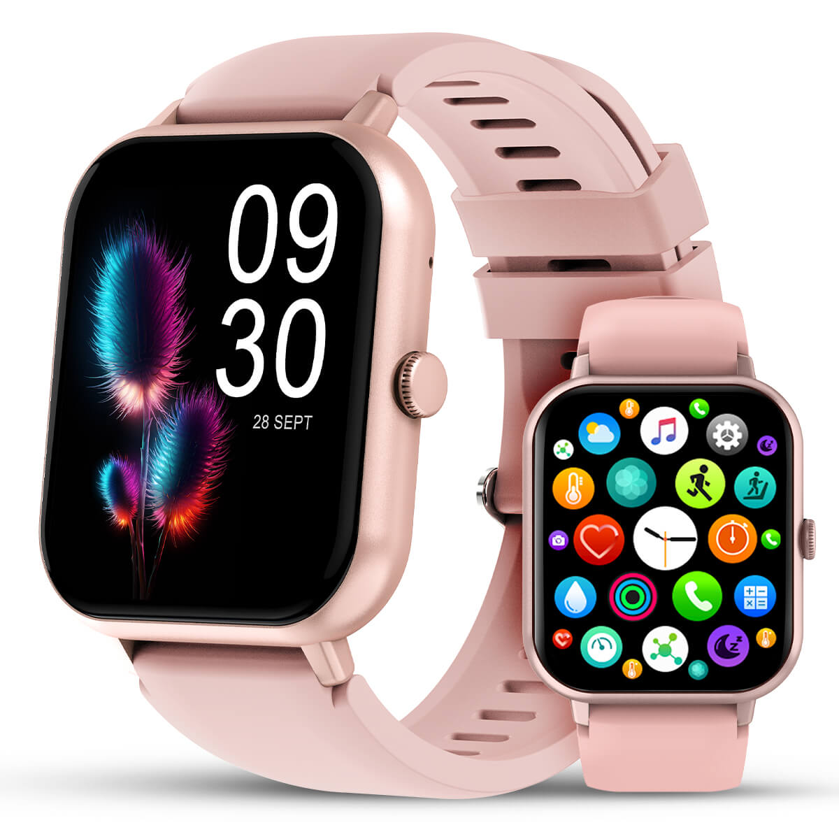 Montre connectée rose avec écran tactile affichant l'heure et des icônes d'applications colorées. Design moderne, bracelet ajustable.