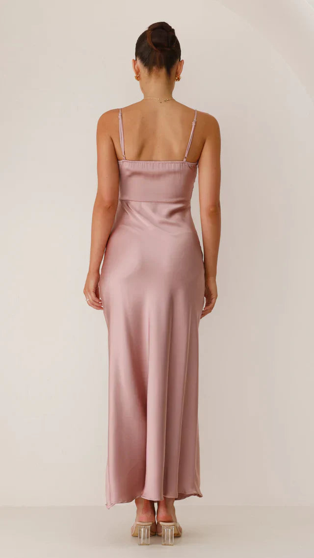 Elegant Satin Maxi Dress with Spaghetti Straps & High Slit