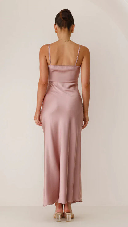 Elegant Satin Maxi Dress with Spaghetti Straps & High Slit
