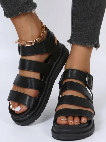 Women's Leather Platform Strappy Buckle Sandals