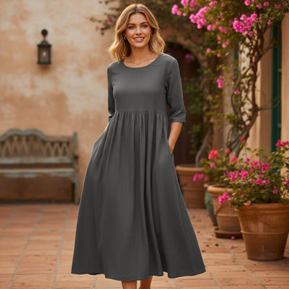 Pleated Midi Dress | Vintage-Inspired Loose Fit Design-Women’s Dresses-Mykonostore-Gray-S-Mykonostore