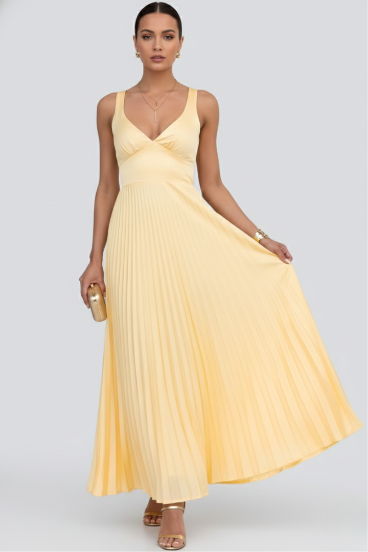 Women's V-Neck Pleated Skirt Maxi Dress