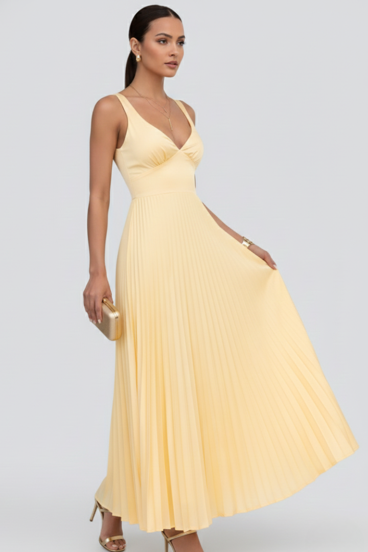 Women's V-Neck Pleated Skirt Maxi Dress