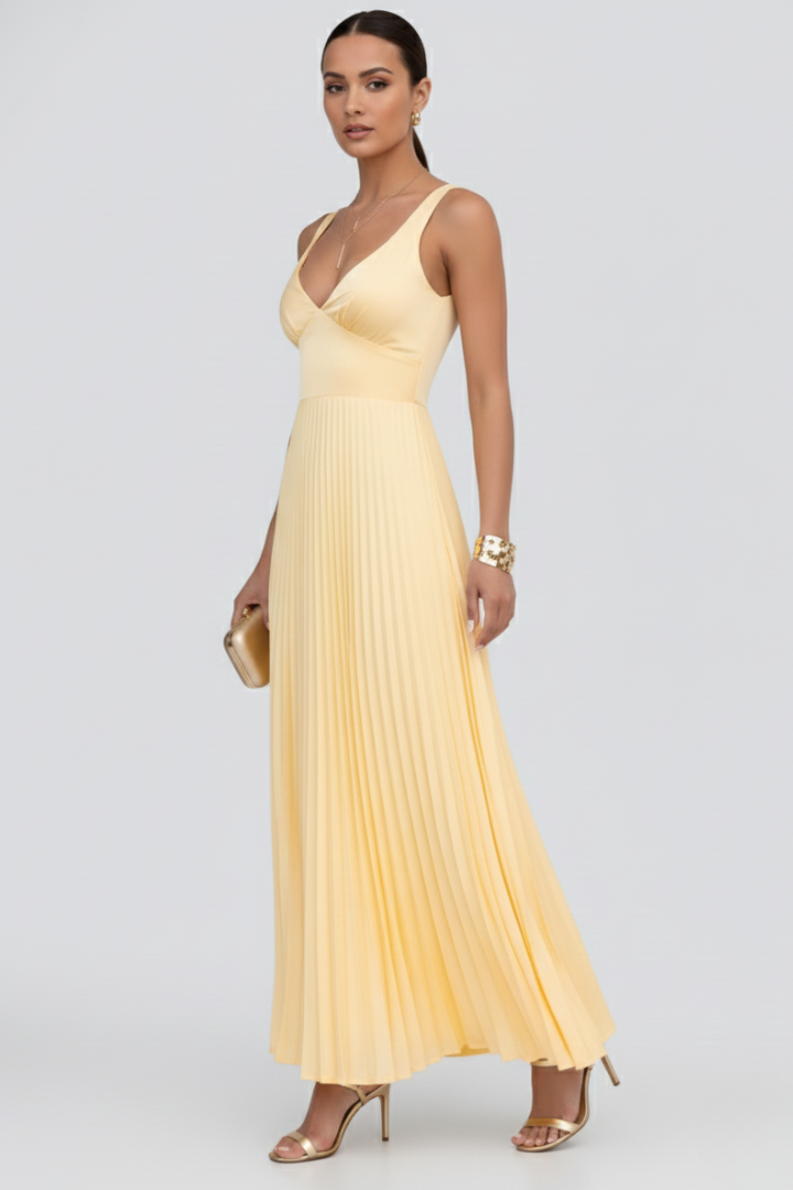 Women's V-Neck Pleated Skirt Maxi Dress