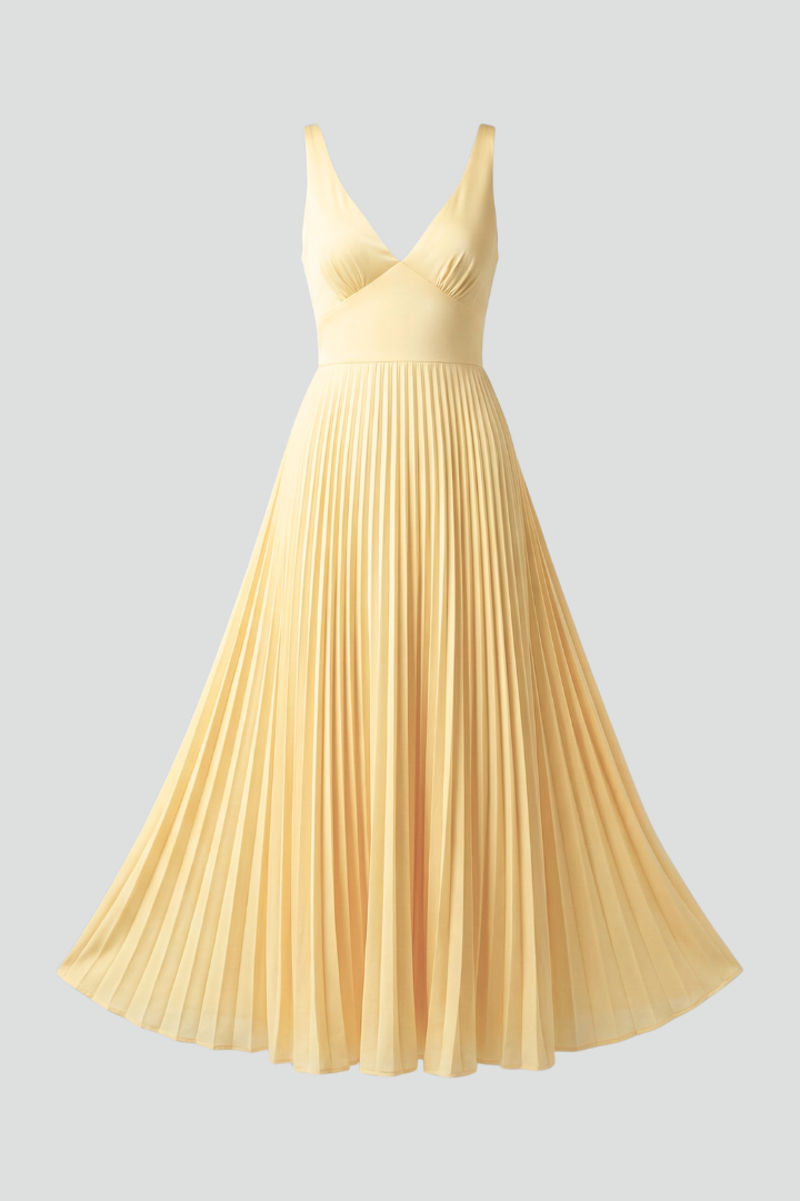 Women's V-Neck Pleated Skirt Maxi Dress