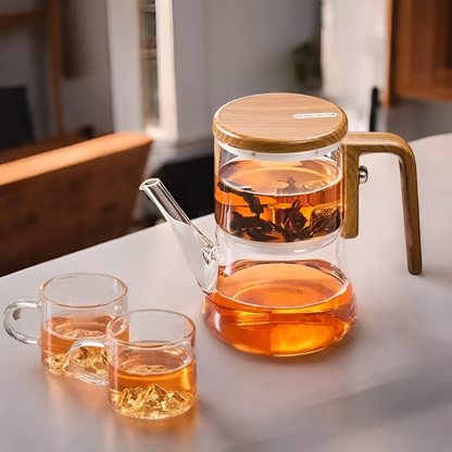 Mirelva – Glazen Theepot 760ml met Magnetisch Filtersysteem en Houtafwerking