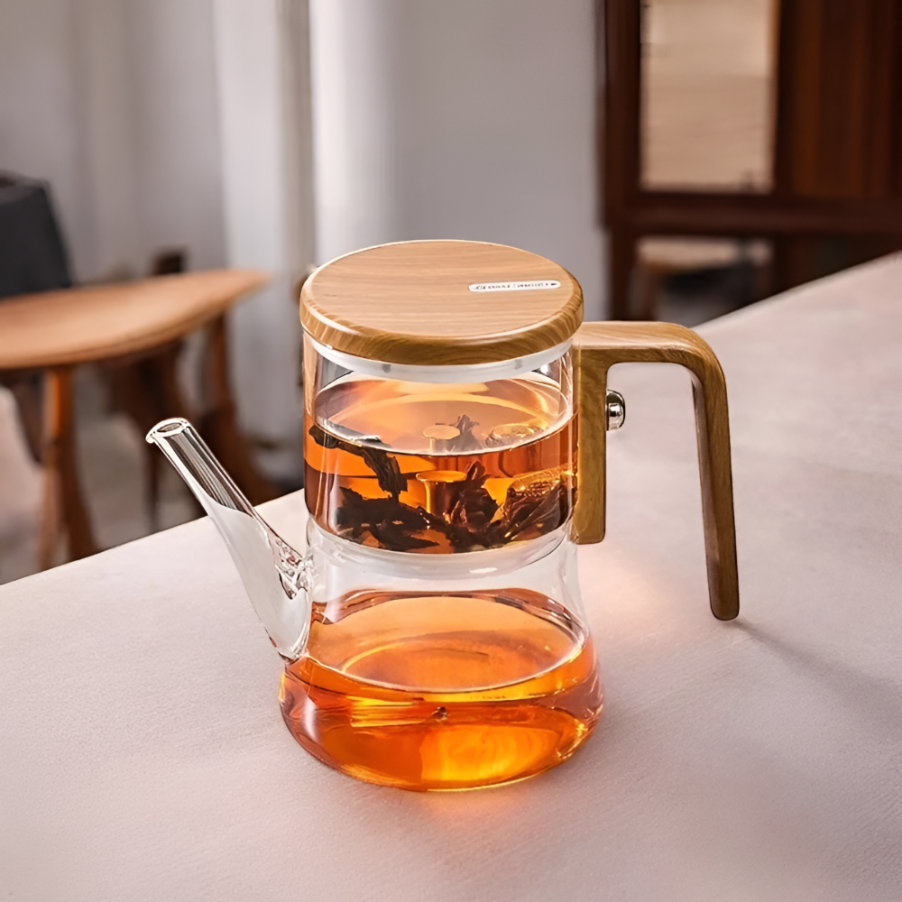Mirelva – Glazen Theepot 760ml met Magnetisch Filtersysteem en Houtafwerking