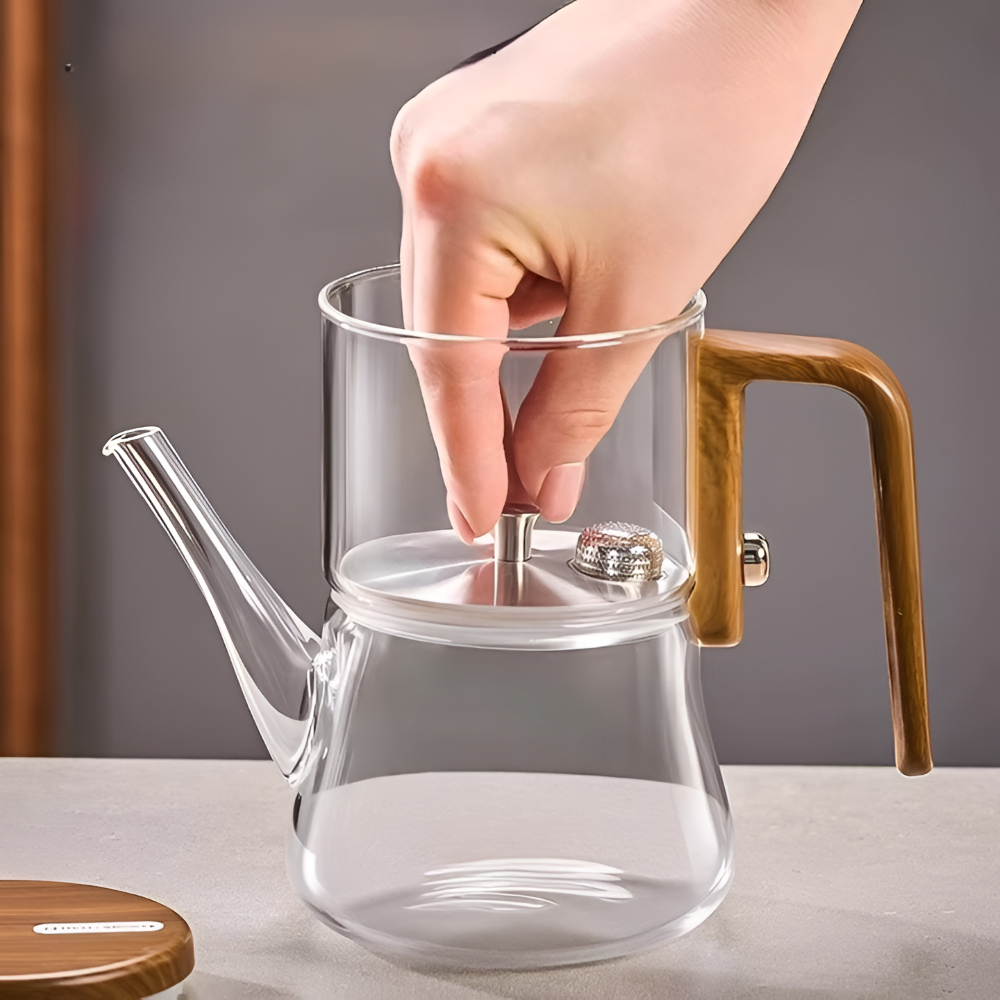 Mirelva – Glazen Theepot 760ml met Magnetisch Filtersysteem en Houtafwerking