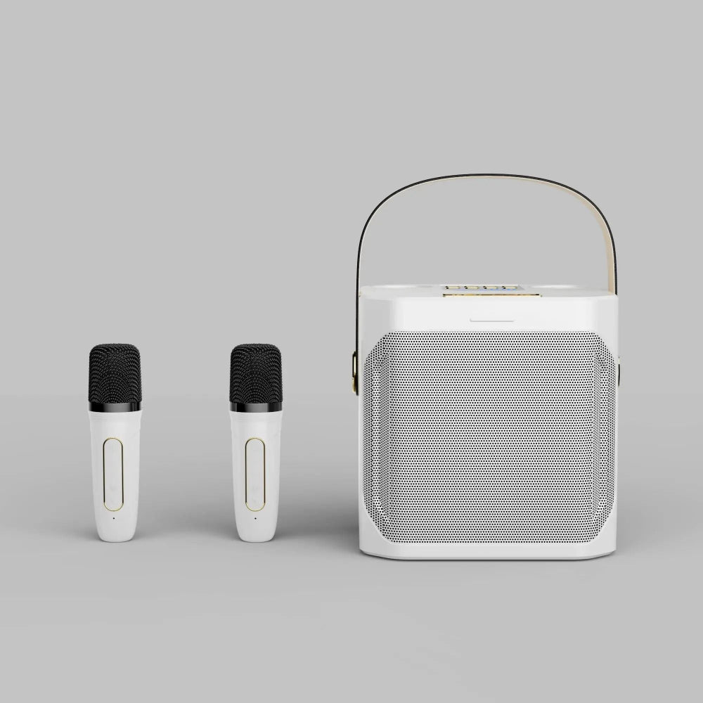 Draagbaar karaoke-luidsprekersysteem met 360° geluid en twee draadloze microfoons – ideaal voor feesten binnen en buiten