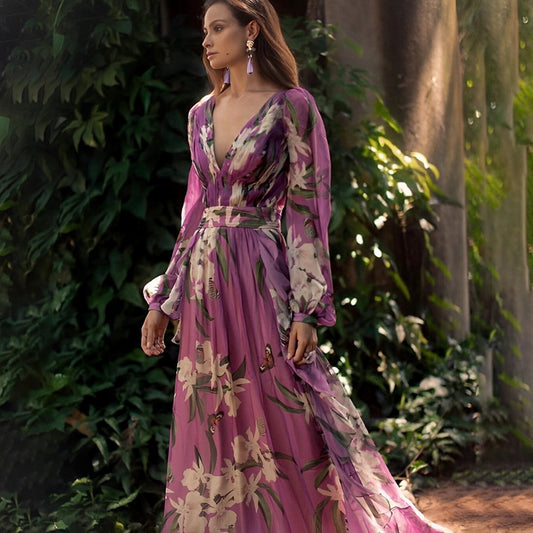 Isabella | Elegant Flowy Floral Chiffon Maxi Dress For Wedding Guest
