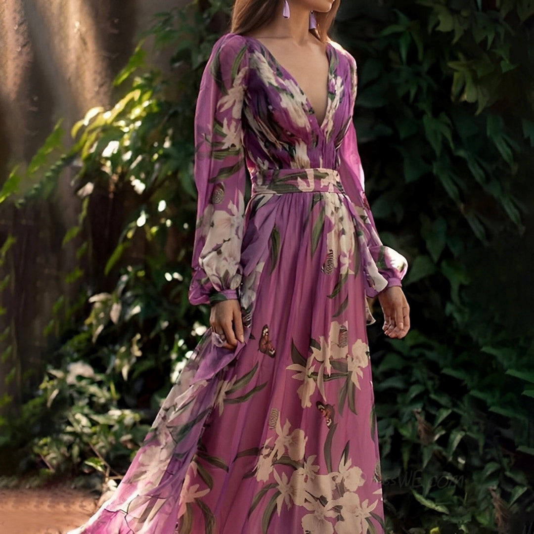 Isabella | Elegant Flowy Floral Chiffon Maxi Dress For Wedding Guest