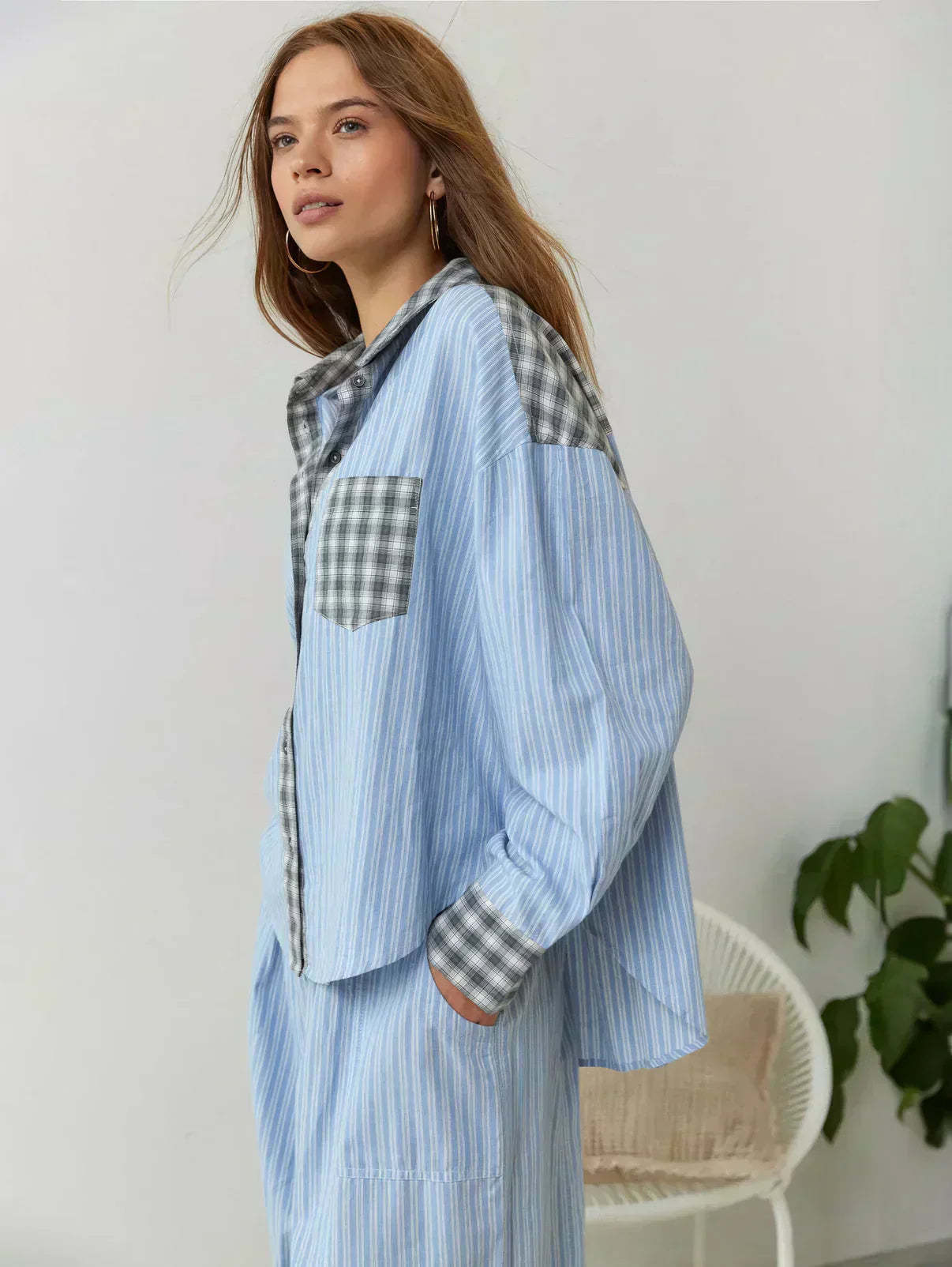 Casual Checkered Pajama Set with Shirt and Loose Pants for Relaxed Days