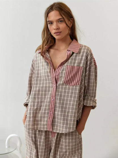 Casual Checkered Pajama Set with Shirt and Loose Pants for Relaxed Days