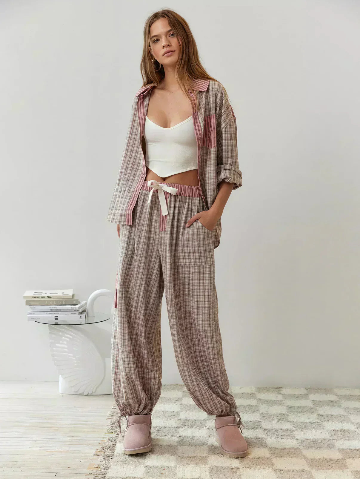 Women Spring Plaid Two Piece Set
