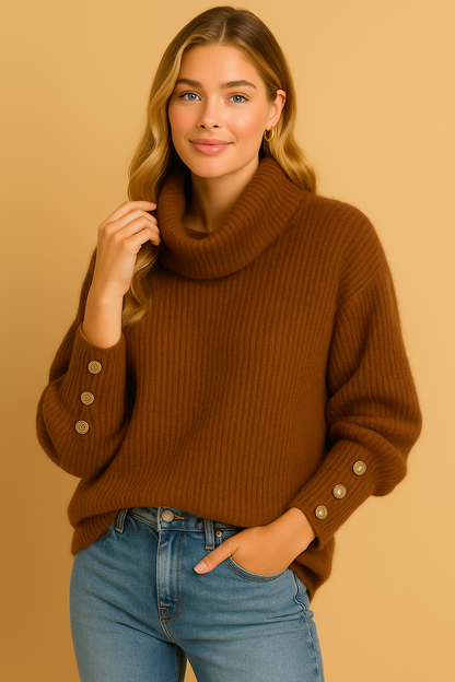 Eliana Pull Col Roulé Femme – Pull Élégant à Col Haut avec Détails Boutons et Coupe Intemporelle