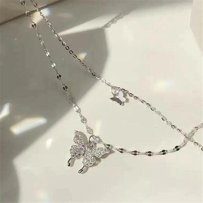 Mehrschichtiges Silberhalskettenset mit Zirkon-Schmetterling