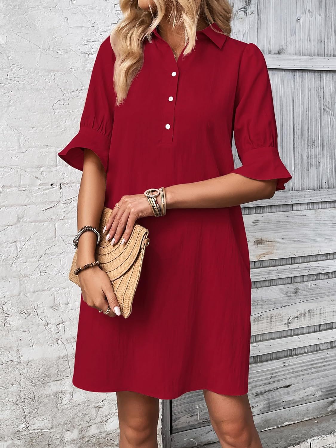 Women's Button-Down Shirt Dress 3/4 Sleeve Knee Length