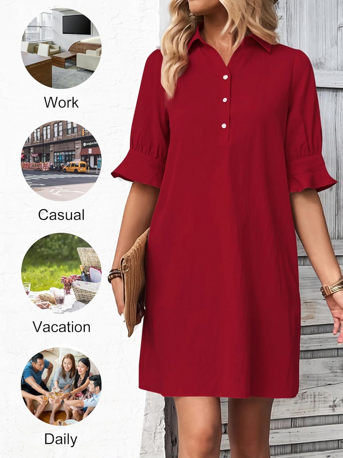Women's Button-Down Shirt Dress 3/4 Sleeve Knee Length