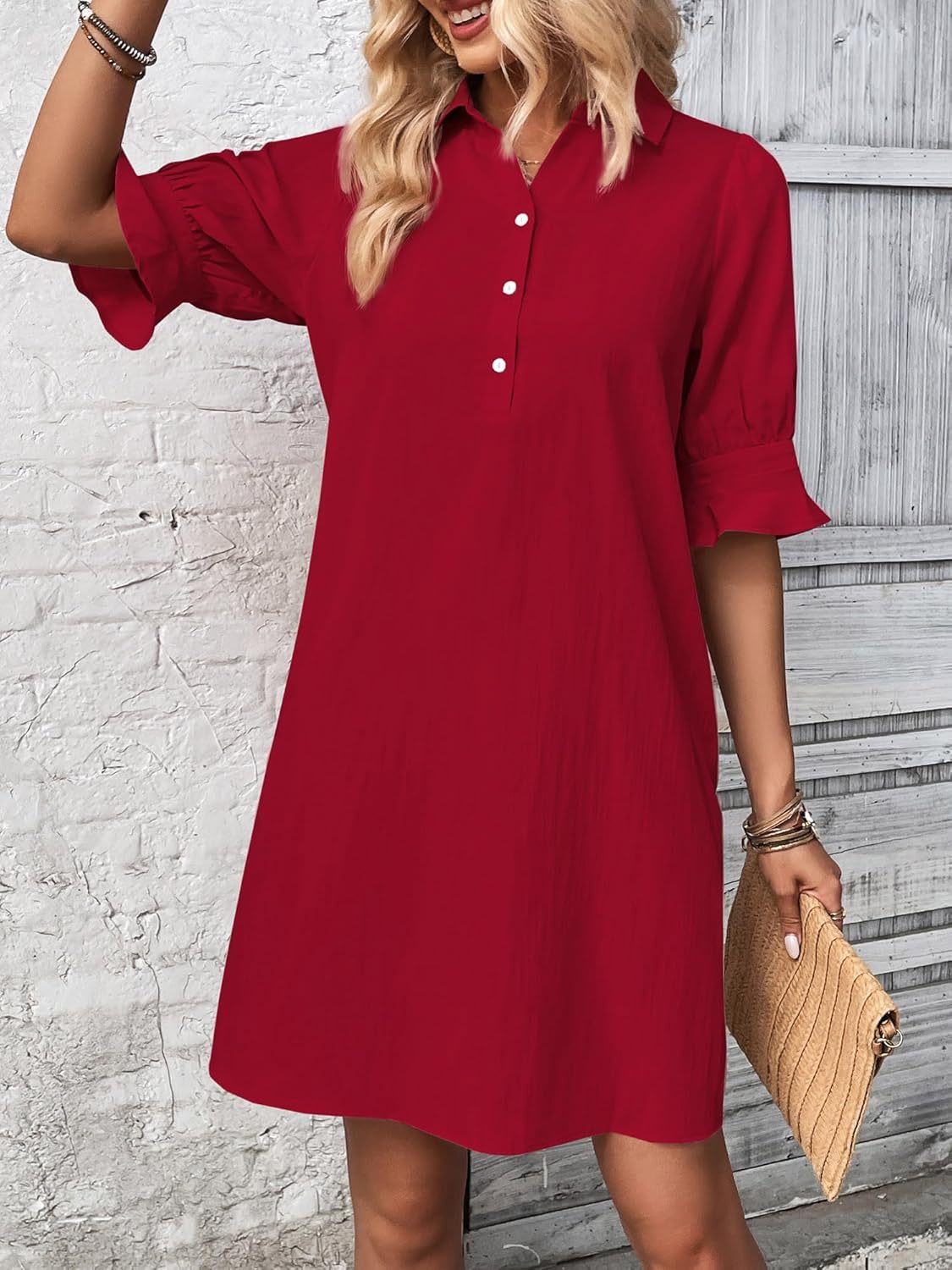 Women's Button-Down Shirt Dress 3/4 Sleeve Knee Length